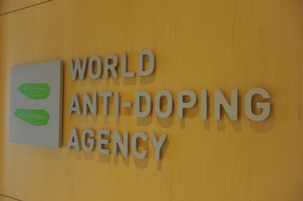 Official WADA name plate at the building housing the organization.