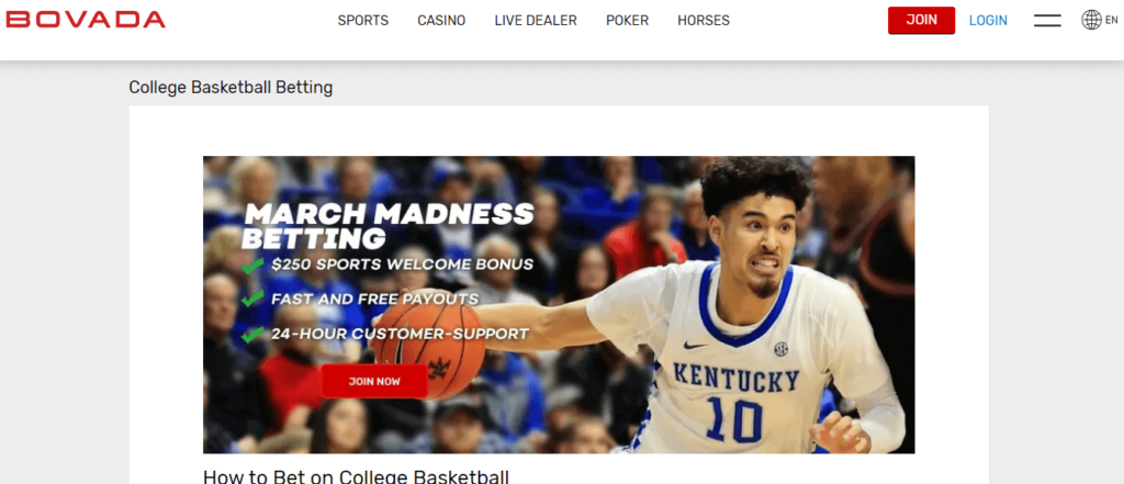 image of offshore NCAA betting site bovada