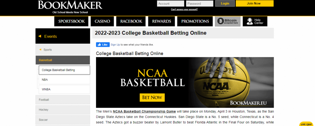 image of offshore NCAA betting site bookmaker.eu