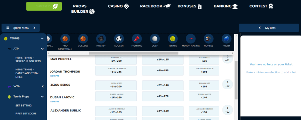 image of offshore tennis betting site jazzsports