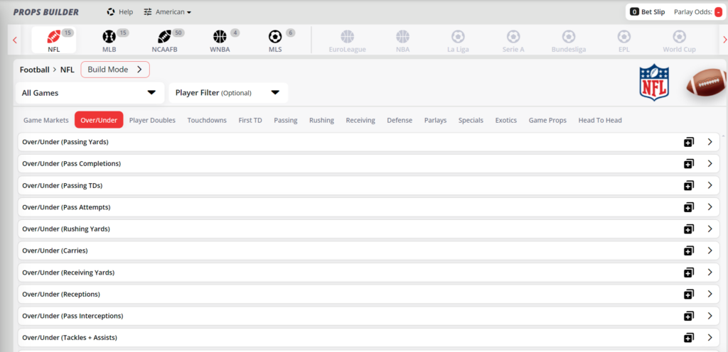 BetOnline prop bet builder for NFL betting