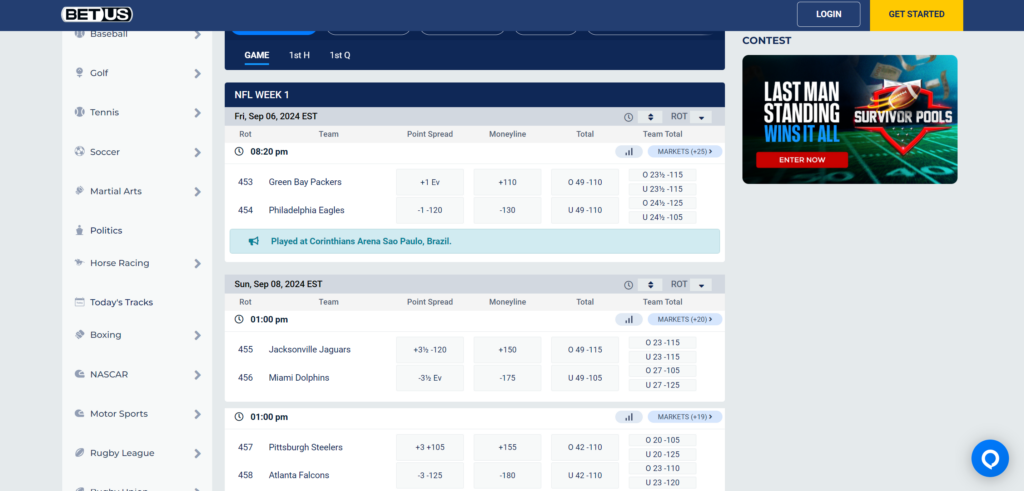 view of BetUS' NFL gameday odds and website