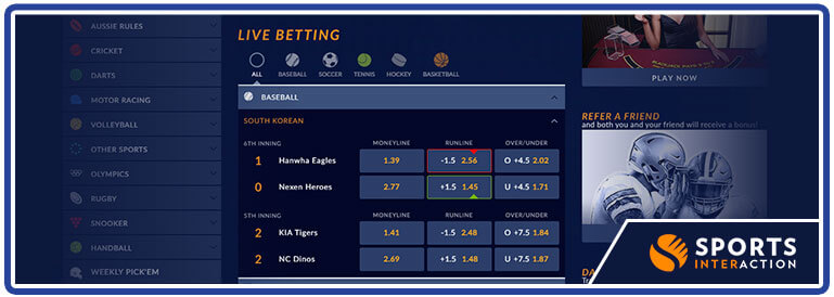 sports interaction live betting options